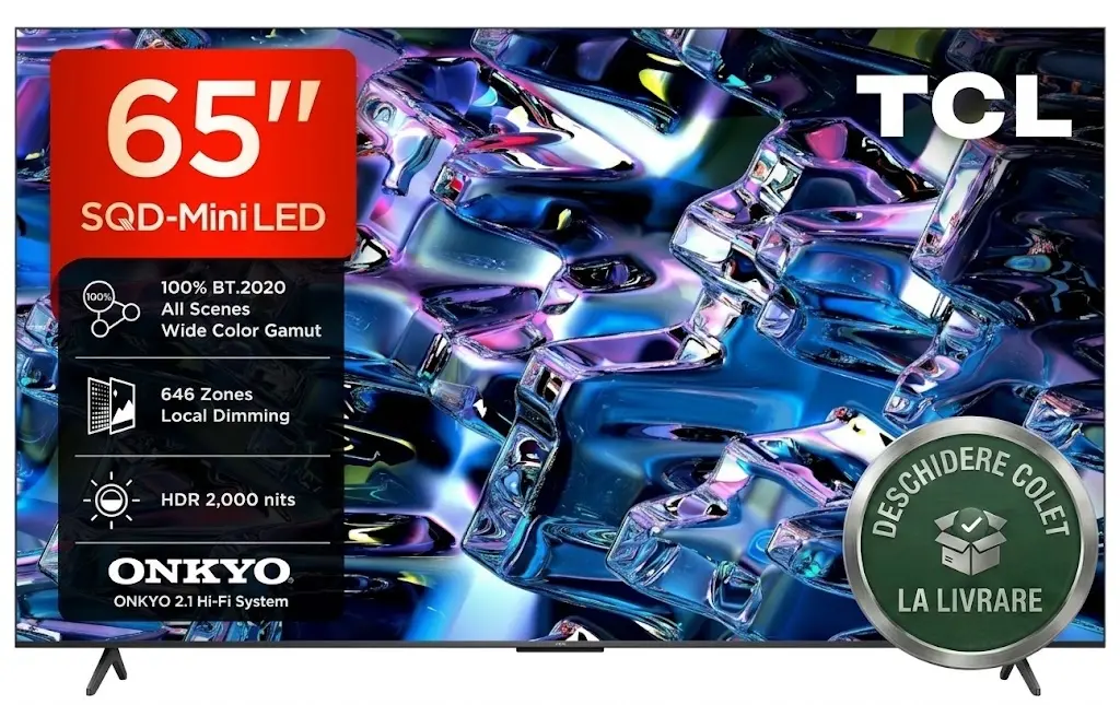 Televizor Smart TCL SQD-MiniLED 65MSQLED80L, 164 cm, Google TV, 4K Ultra HD, 144 Hz, Sunet Onkyo 2.1, Clasa E