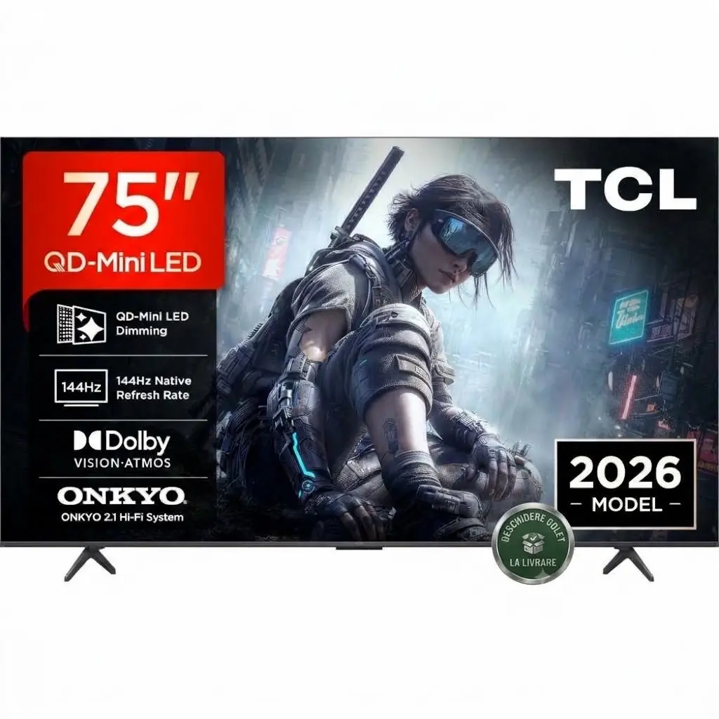 Televizor Smart TCL QD-MiniLED 75T8D, 189 cm, Google TV, 4K Ultra HD, 144 Hz, Sunet Onkyo 2.1, Clasa E