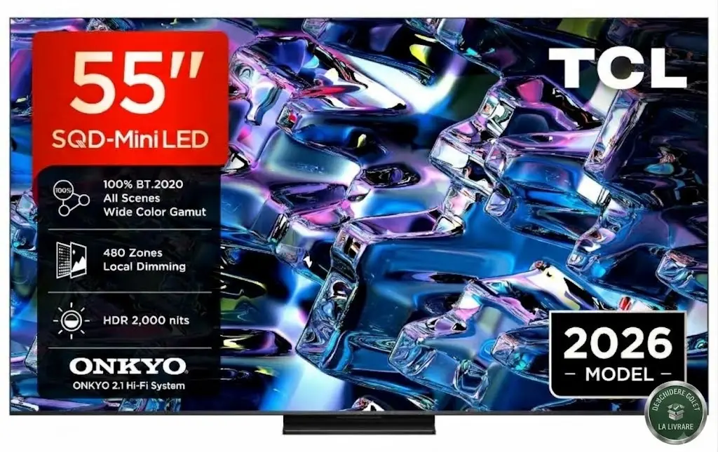 Televizor Smart TCL SQD-MiniLED 55MSQLED80L, 139 cm, Google TV, 4K Ultra HD, 144 Hz, Sunet Onkyo 2.1, Clasa E