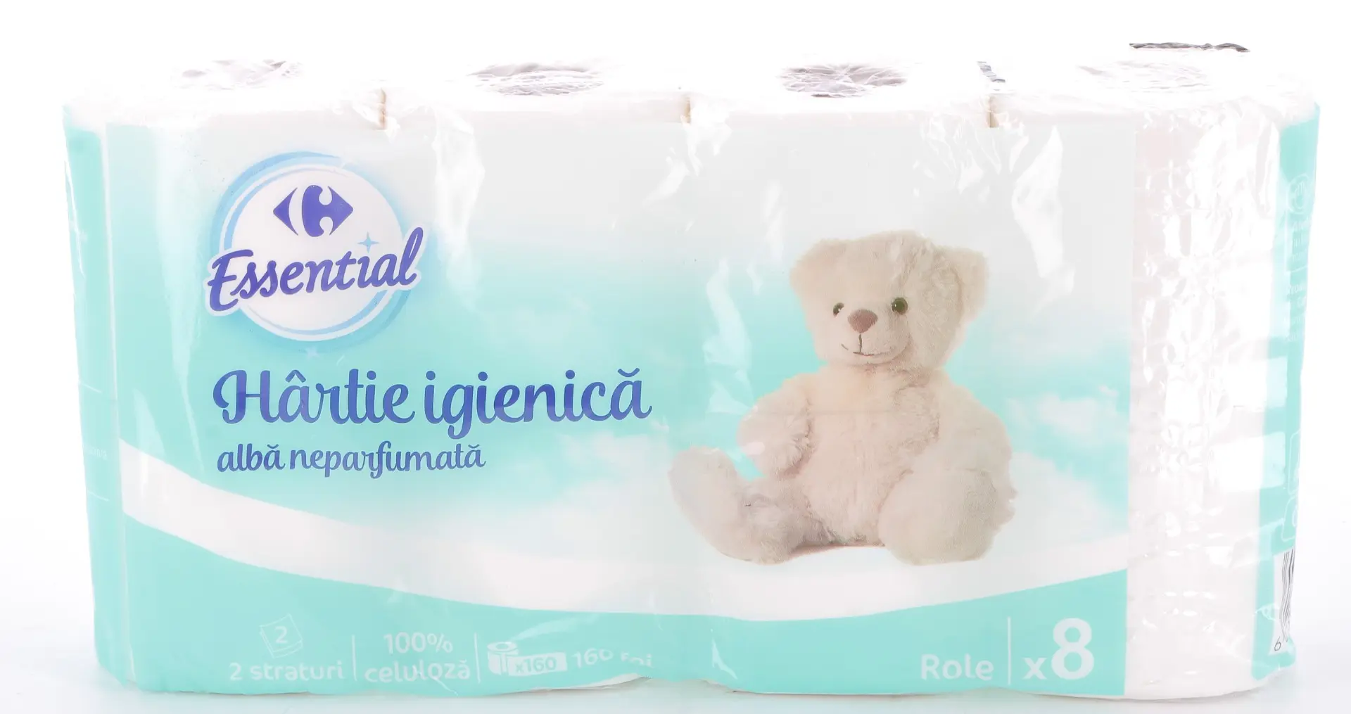 Hartie igienica alba neparfumata Carrefour Essential 2 straturi 8 role
