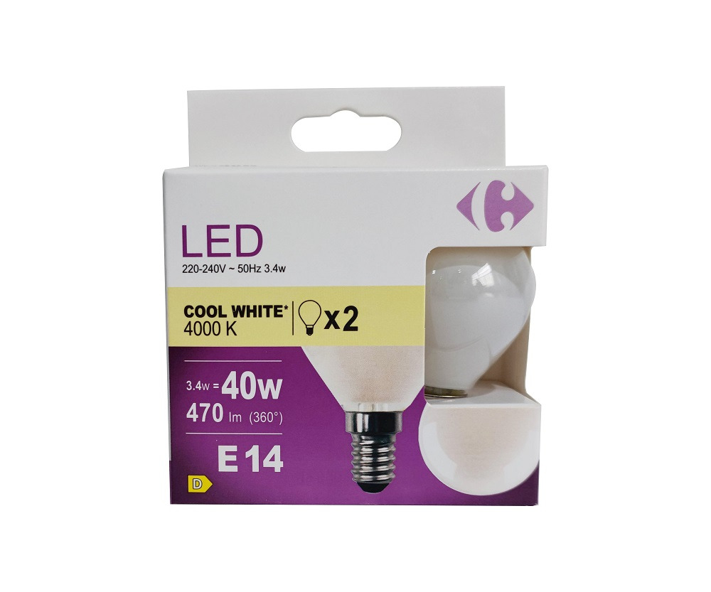 Set 2 becuri LED Carrefour, E14, 40 W, 470 lm, 4000 K, Alb rece