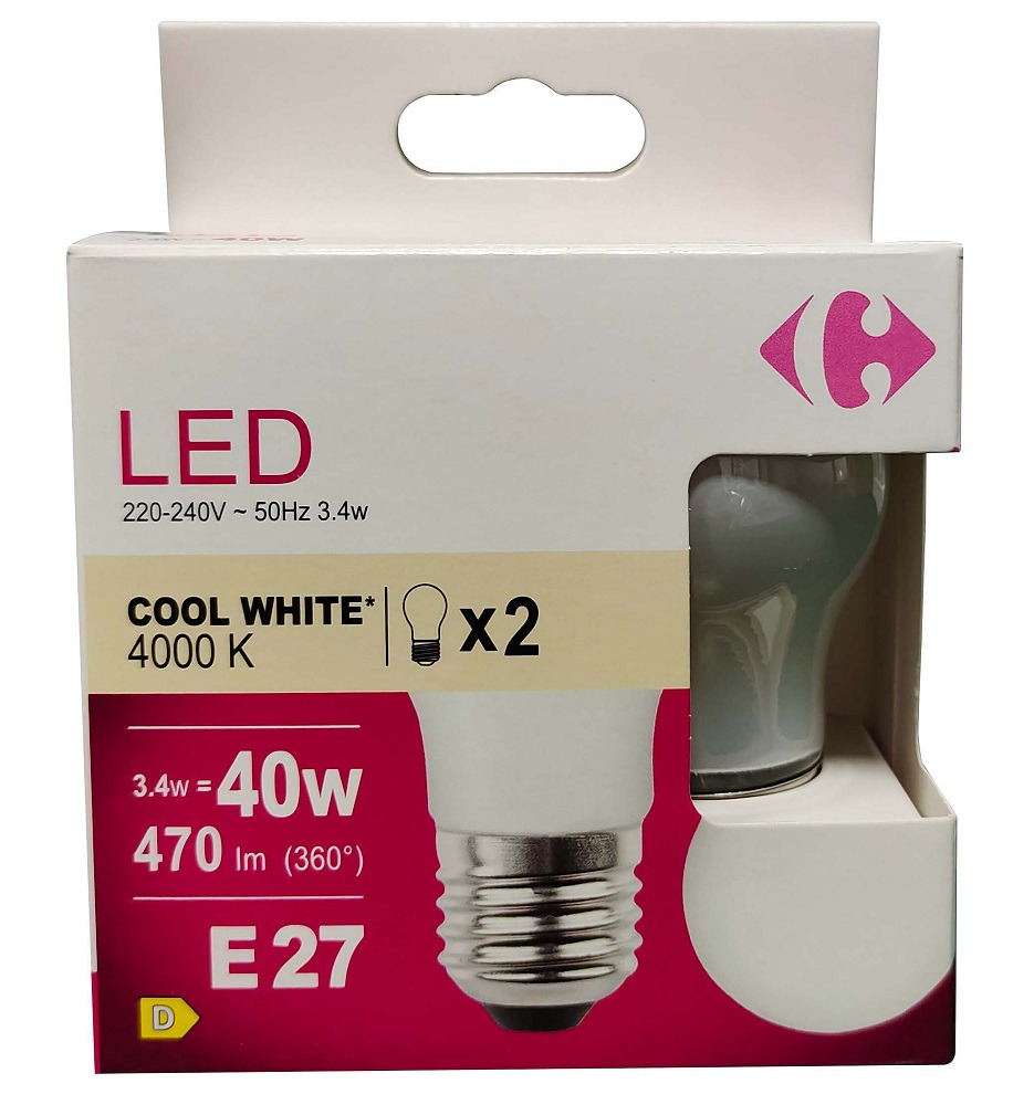 Set 2 becuri LED Carrefour, E27, 40 W, 470 lm, 4000 K, Alb rece