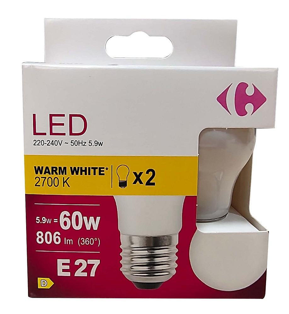 Set 2 becuri LED Carrefour, E27, 60 W, 806 lm, 2700 K, Alb cald