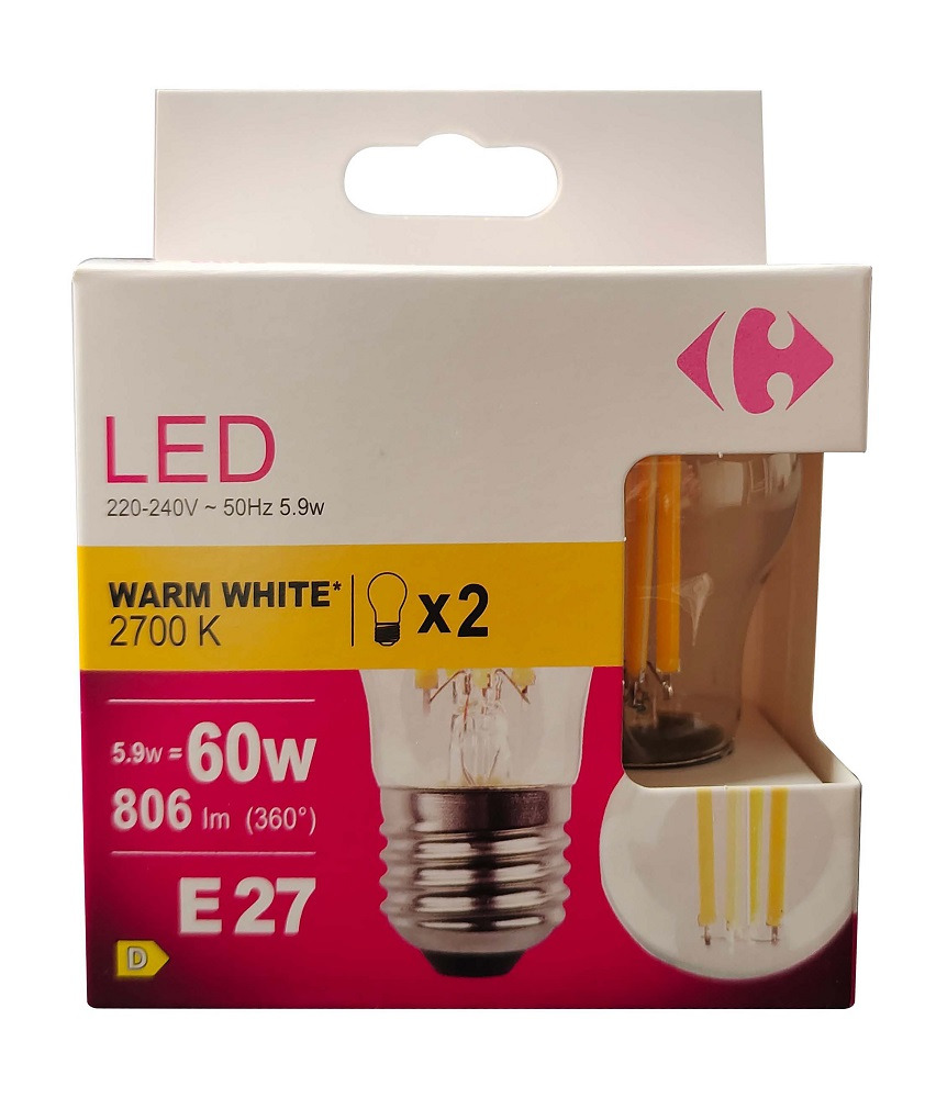 Set 2 becuri LED Carrefour, E27, 60 W, 806 lm, 2700 K, Alb cald