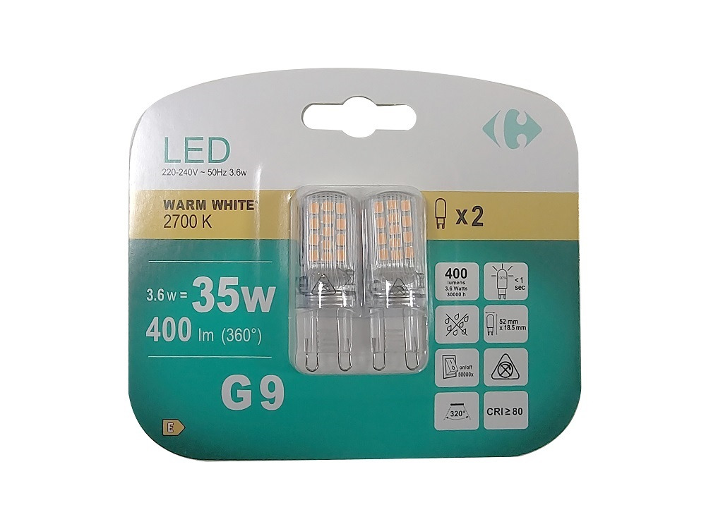 Set 2 becuri LED Carrefour, G9, 35 W, 400 lm, 2700 K, Alb cald