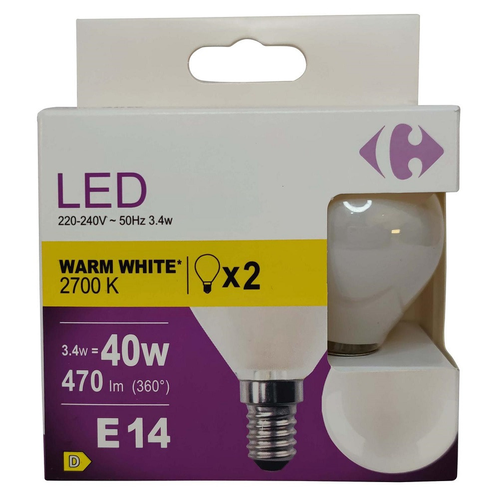 Set 2 becuri LED Carrefour, E14, 40 W, 470 lm, 2700 K, Alb cald