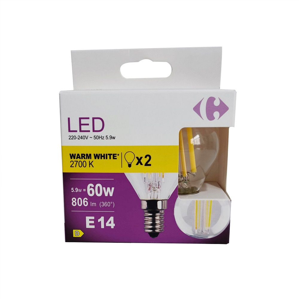 Set 2 becuri LED Carrefour, E14, 60 W, 806 lm, 2700 K, Alb cald