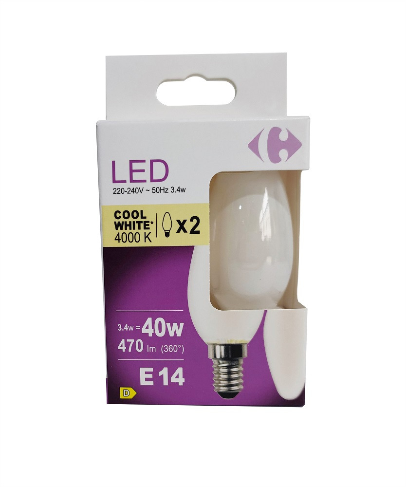 Set 2 becuri led Carrefour, E14, 3.4 W (40 W), 470 lumen, 4000 K, Alb rece