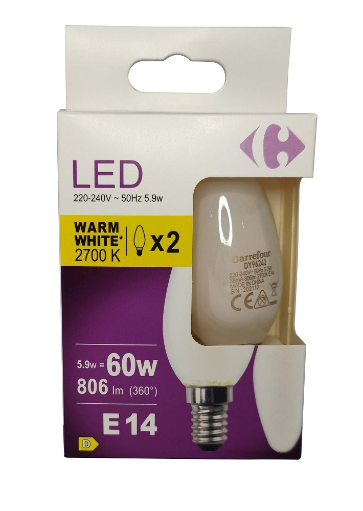 Set 2 becuri LED lumanare Carrefour, E14, 806 lm, 2700 K, 5.9 W (60 W)