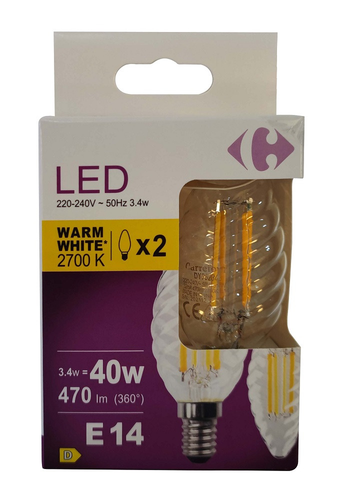 Set 2 becuri LED Carrefour, E14, 3.4 W (40 W), 470 lm, 2700 K, Alb cald