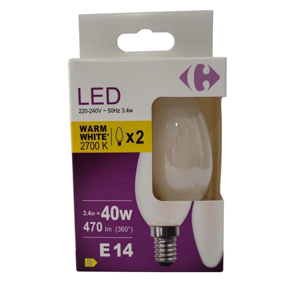 Set 2 becuri LED Carrefour, E14, 3.4 W (40 W), 470 lm, 2700 K, Alb cald