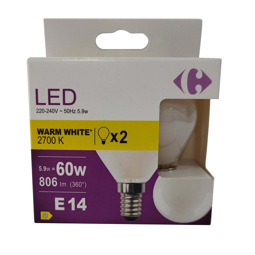 Set 2 becuri LED Carrefour, E14, 60 W, 806 lm, 2700 K, Alb cald