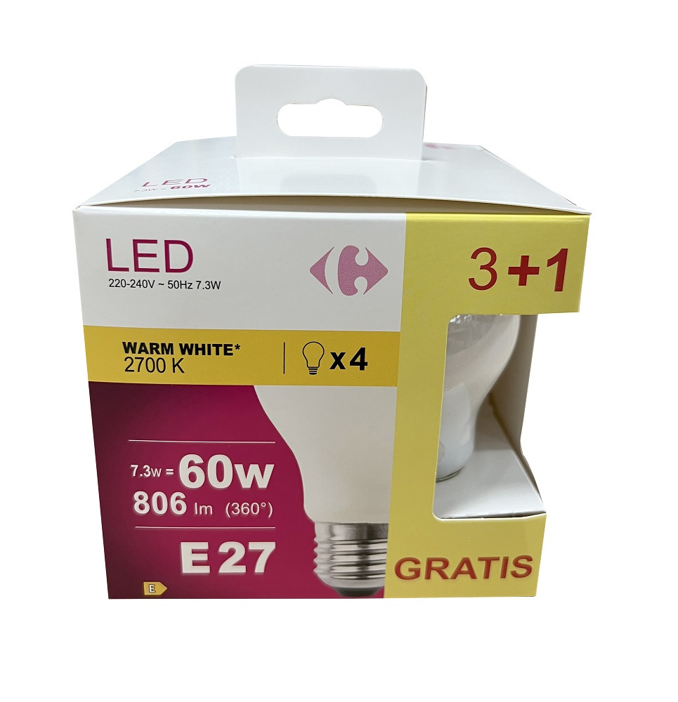 Set 3+1 becuri LED Carrefour, A60, 7.3 W (60 W), E27, 806 lm, 2700 K