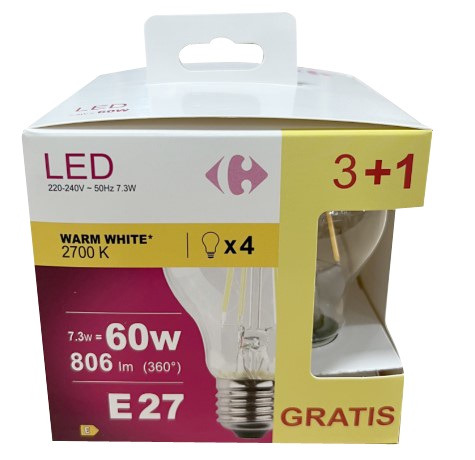 Set 3+1 becuri LED Carrefour, A60, E27, 7.3 W (60 W), 806 lm, 2700 K, Alb cald