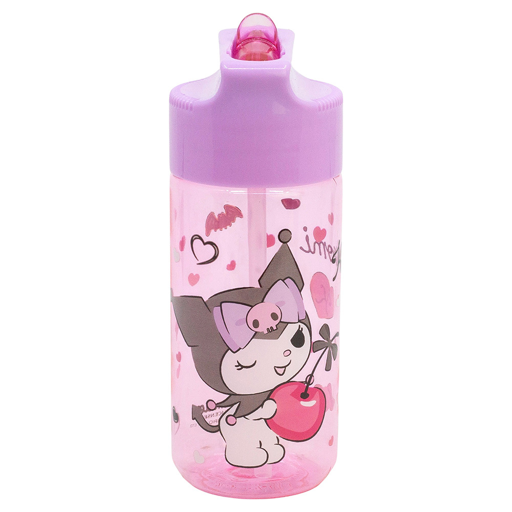 Sticla de apa pentru copii, din plastic cu pai incorporat si cioc flip-up cu sistem antiscurgere, licenta Kuromi, 430 ml, din materiale Ecozen, roz