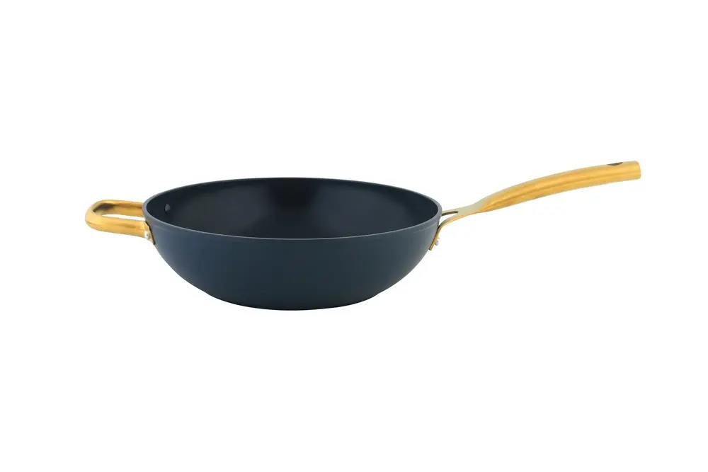 Tigai wok Carrefour Home, aluminiu forjat, 30 cm, Negru/Auriu