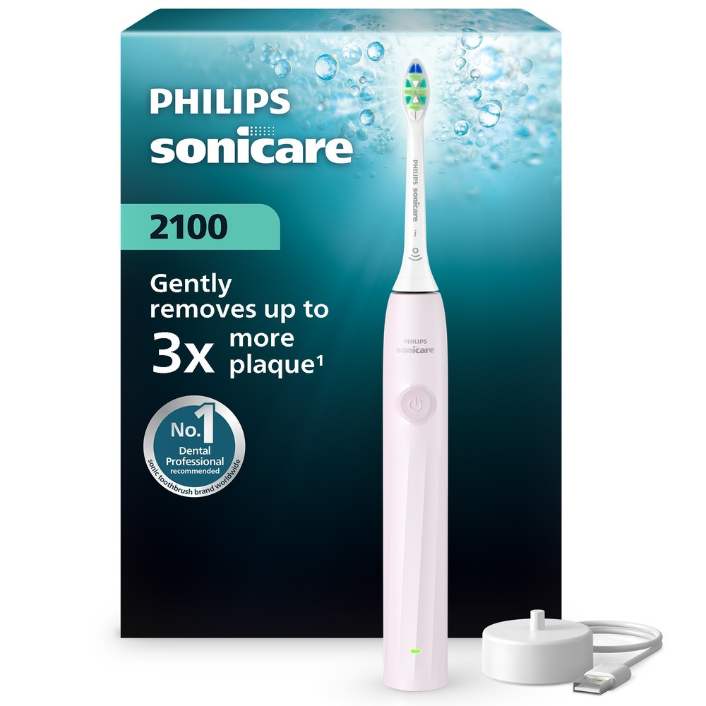 Periuta de dinti electrica sonica Philips Sonicare Seria 2100 HX4021/03, 2 intensitati, capat de periete Intercare, SmartTimer si QuadPacer, Roz