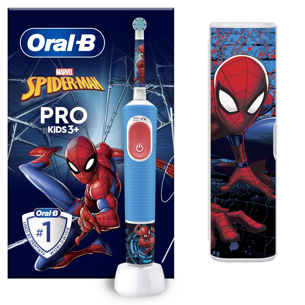 Periuta de dinti electrica pentru copii + Trusa de Calatorie Oral-B Vitality Pro Kids Spider-Man, +3 ani