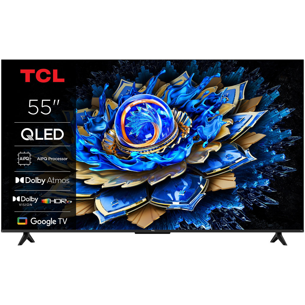 Televizor Smart QLED TCL 55T69C, 139 cm, Google TV, 4K Ultra HD, Clasa F, Negru