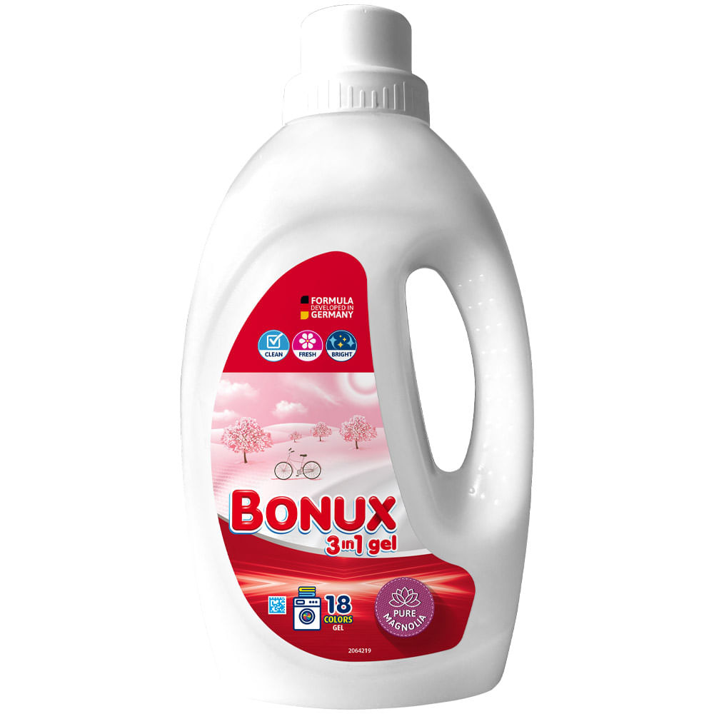 Detergent gel Bonux 3 in1 Pure Magnolia, 18 spalari, 0.9 l