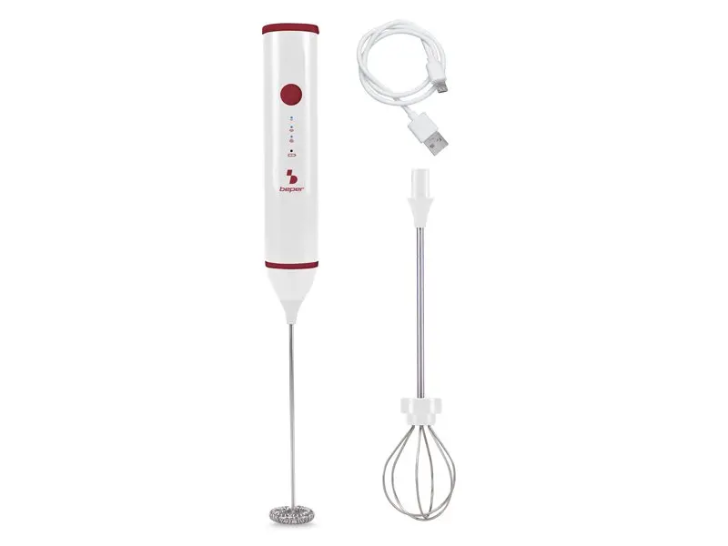 Spumator reincarcabil Beper P102SBA008, autonomie 3 ore, USB, 2 teluri din otel inoxidabil, Alb