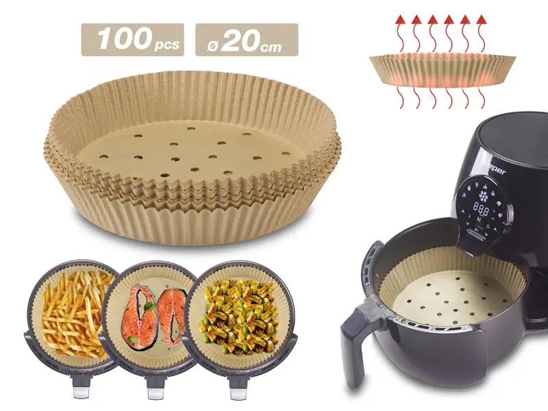 Set 100 forme din hartie Air Fryer Beper C103ACC001, Diametru 20 cm, Hartie de copt, Biodegradabile, Maro