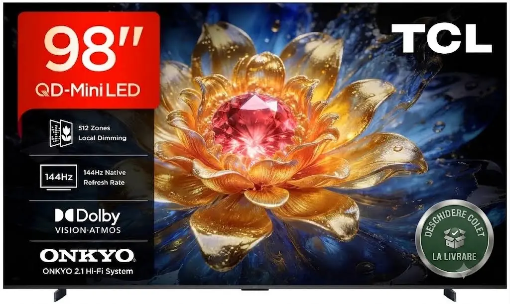 Televizor Smart TCL QD-MiniLED 98T8D, 248 cm, Google TV, 4K Ultra HD, 144 Hz, Sunet Onkyo 2.1, Clasa E