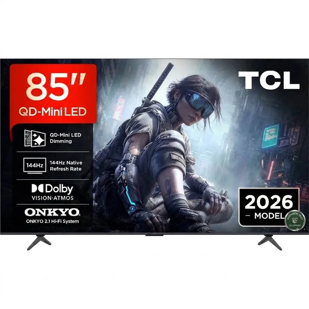 Televizor Smart TCL QD-MiniLED 85T8D, 214 cm, Google TV, 4K Ultra HD, 144 Hz, Sunet Onkyo 2.1, Clasa E