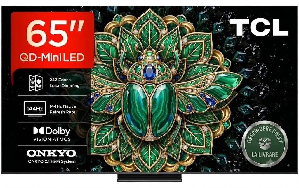 Televizor Smart TCL QD-MiniLED 65MQLED75L, 164 cm, Google TV, 4K Ultra HD, 144 Hz, Sunet Onkyo 2.1, Clasa E
