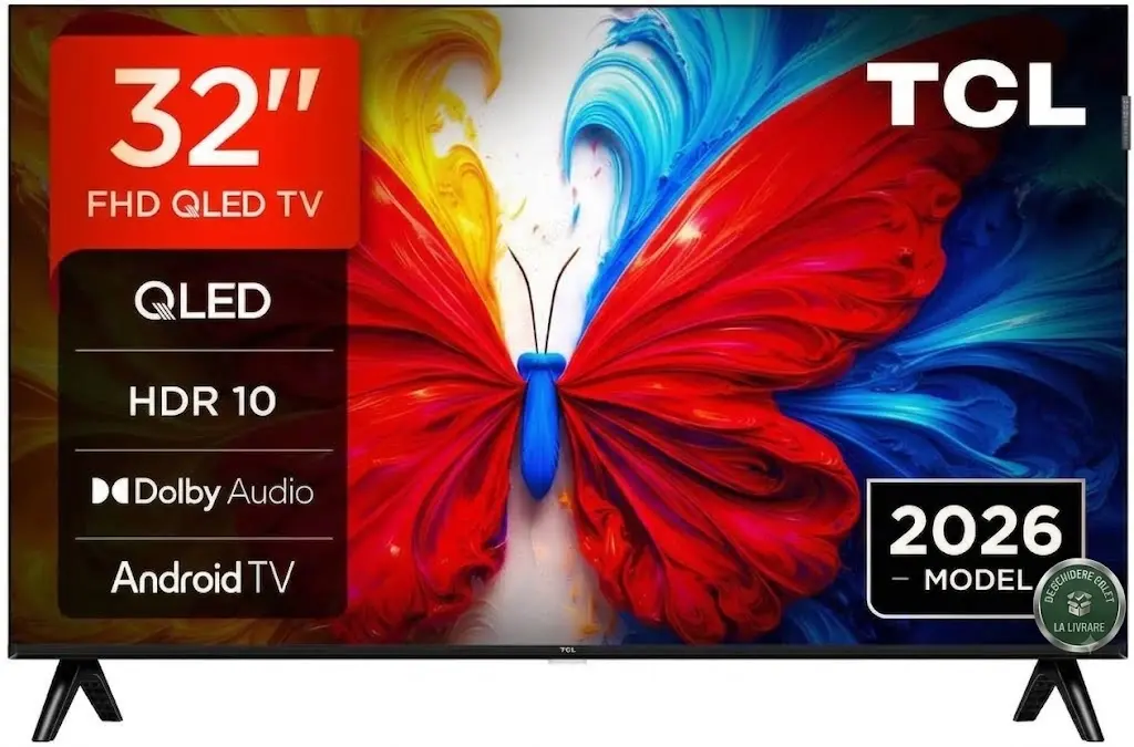 Televizor Smart QLED TCL 32S5L, 80 cm, Android TV, Full HD, Clasa F, Negru