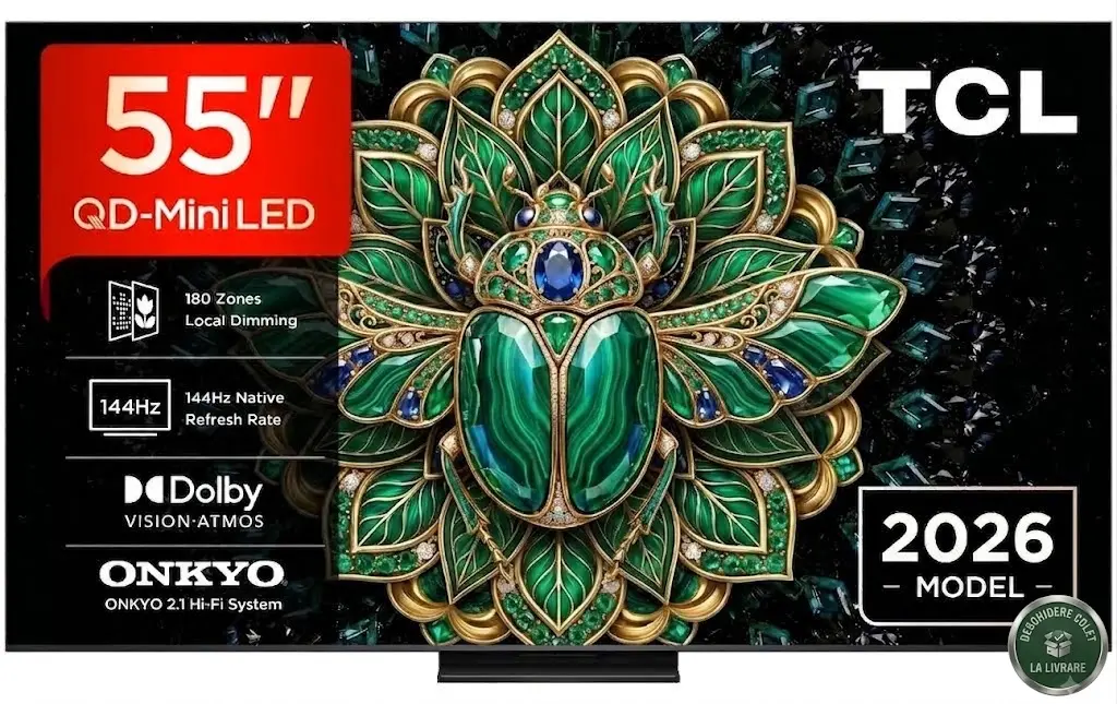 Televizor Smart TCL QD-MiniLED 55MQLED75L, 139 cm, Google TV, 4K Ultra HD, 144 Hz, Sunet Onkyo 2.1, Clasa E