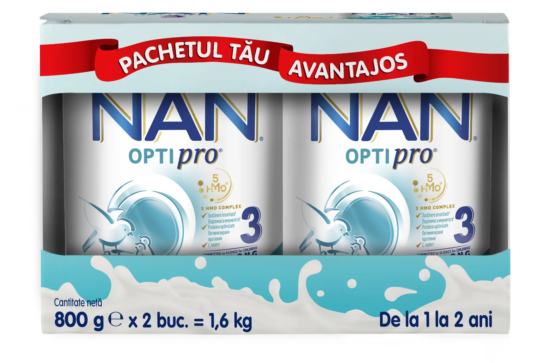 Lapte praf pentru copii de varsta mica Nestle Nan Optipro 3 HMO, de la 1 an, 2x800g