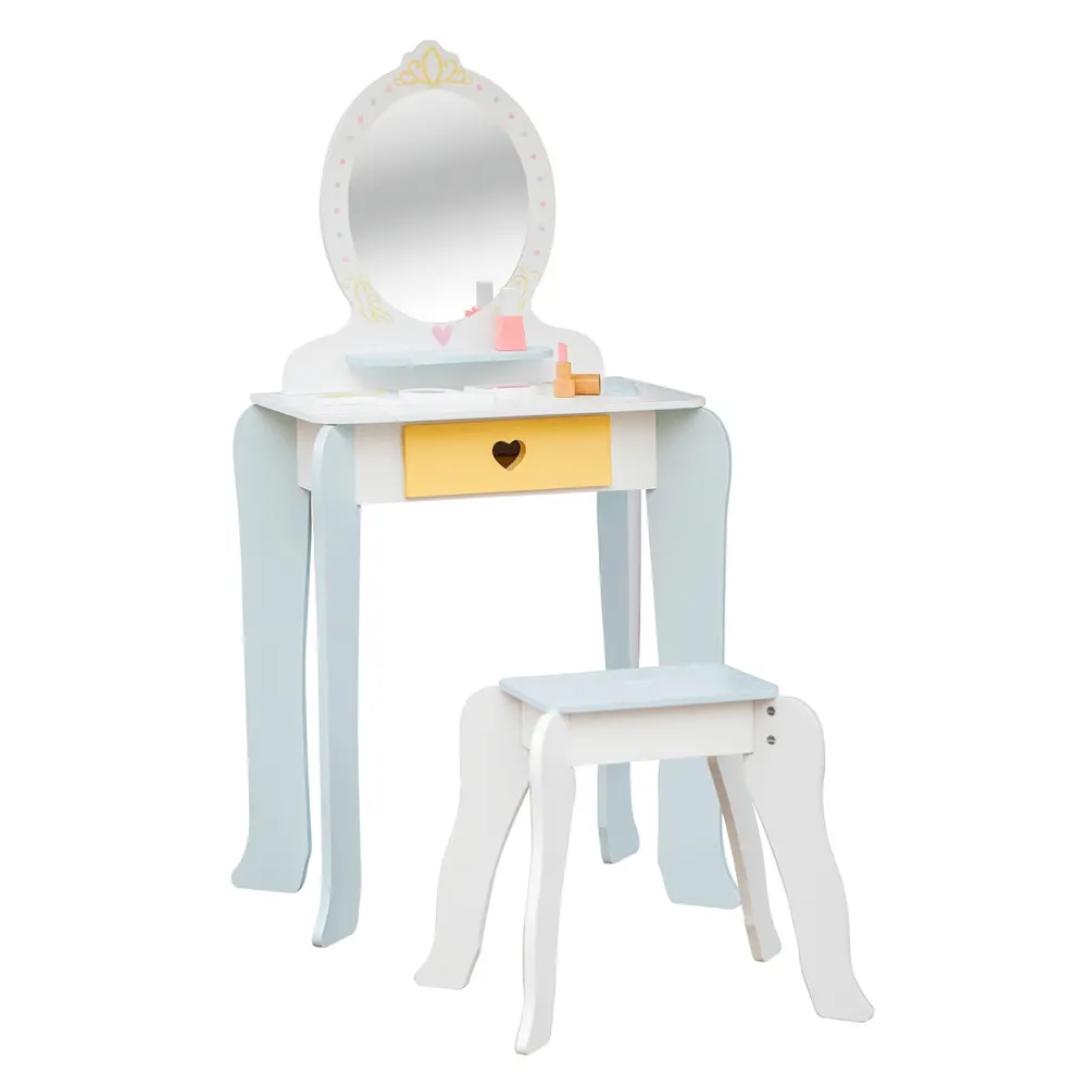 Masuta de machiaj cu scaun si 7 accesorii, lemn, Multicolor