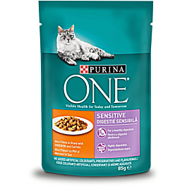 Hrana umeda pentru pisici cu pui si morcov Purina One Sensitive 85g