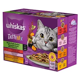 Hrana umeda pentru pisici Whiskas Tasty Mix Chef's Choice, Vita, Somon, Pui, Curcan, Cod, Pasare si Legume, 12 x 85 g
