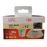 Set 2 becuri LED Carrefour, GU10, 50 W, 345 lm, 4000 K, Alb rece
