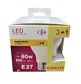 Set 3+1 becuri LED Carrefour, A60, 7.3 W (60 W), E27, 806 lm, 2700 K