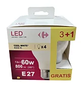 Set 3+1 becuri LED Carrefour, A60, E27, 7.3 W (60 W), 806 lm, 4000 K, Alb rece