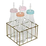 Set 4 sticle cu pai si suport, sticla/metal, Transparent/Multicolor