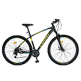 Bicicleta MTB-HT Carpat C2957C, Shimano Tourney TY-300, 21 viteze, cadru aluminiu, 29", Negru cu design Galben/Albastru