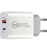 Incarcator retea Lemontti PD Type-C + USB Quick Charge 20W, output USB + Type-C 3.4A max, QC3.0, White