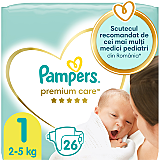 Scutece Pampers Premium Care Nou Nascut, Marimea 1, 2-5 kg, 26 buc