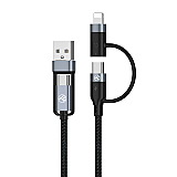 Cablu 4in1 Tellur USB/Type-C la Type-C (PD65W)/Lightning (PD20W), 1m, negru