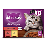 Hrana umeda Whiskas Pure Delight pentru pisici adulte, selectii clasice in sos de carne 4 x 85 g