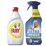 Pachet Promo: Detergent de vase Fairy Lemon, 450ml + Detergent universal spray Mr. Proper Lemon, 750ml