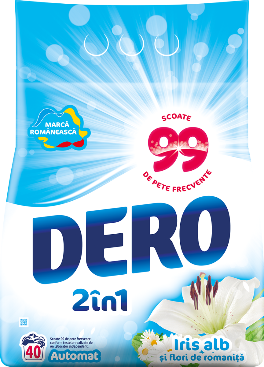 Detergent automat pudra Dero 2 in 1 Iris alb, 40 spalari, 4 kg