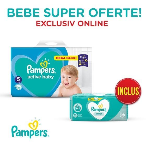 Pachet promo Pampers Scutece Active Baby Mega Box, Marimea 4+, 10-15 kg, 120 buc + Servetele umede Sensitive 2 x 52, 104 buc