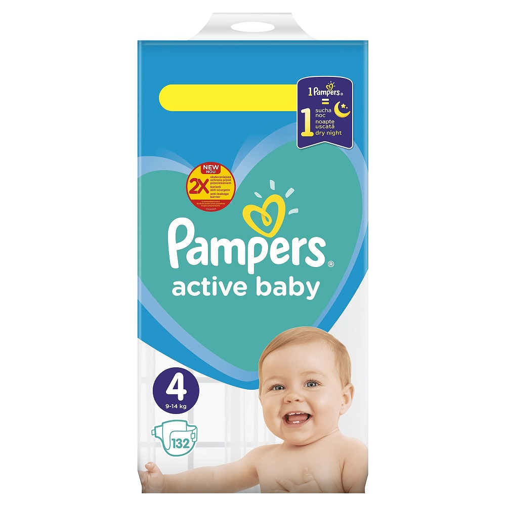 Pachet promo Pampers Scutece Active Baby Mega Box, Marimea 4, 9 -14 kg, 132 buc + Servetele umede Sensitive 2 x 52, 104 buc