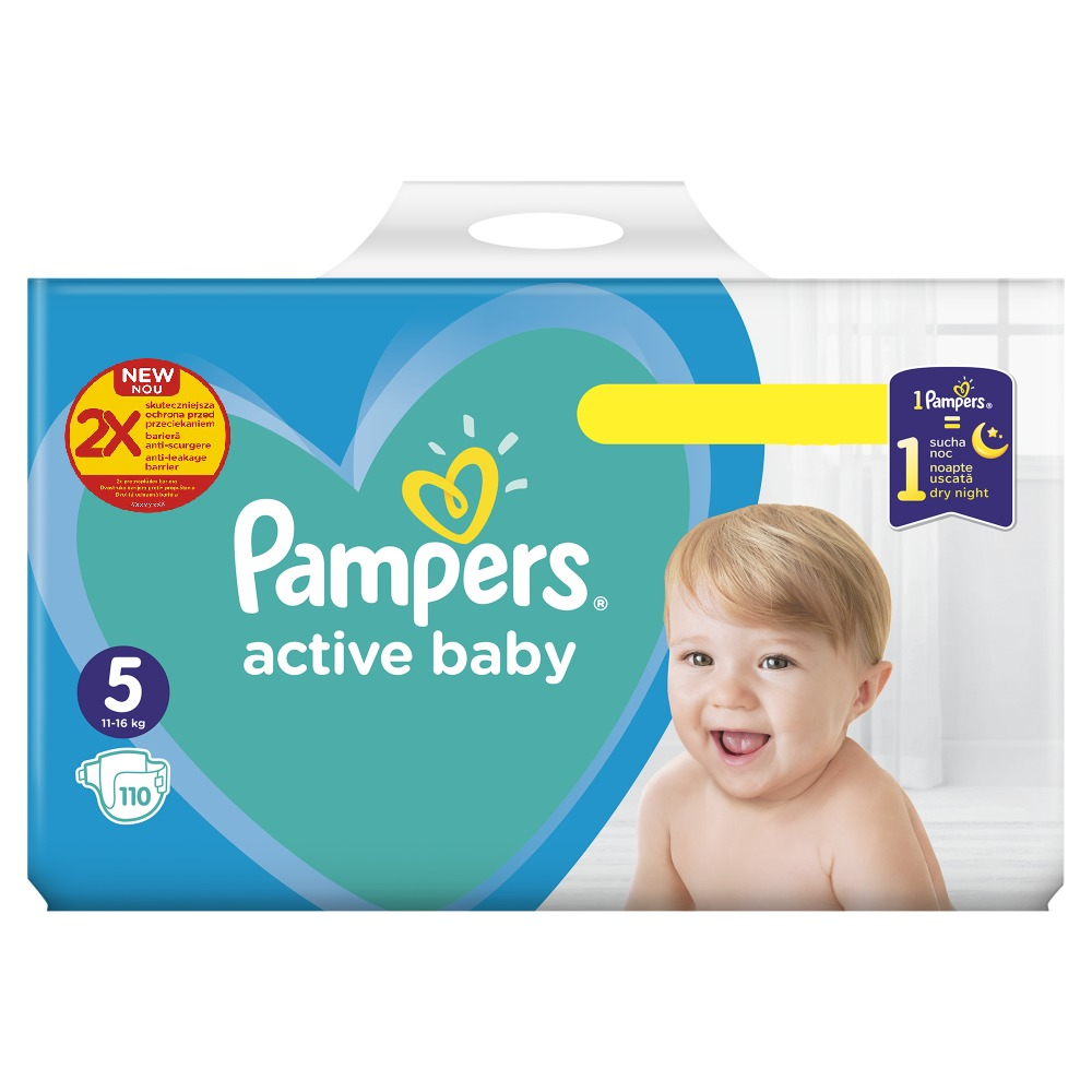 Pachet promo Pampers Scutece Active Baby Marimea 5, 11 -16 kg, 110 buc + Servetele umede Sensitive, 104 buc