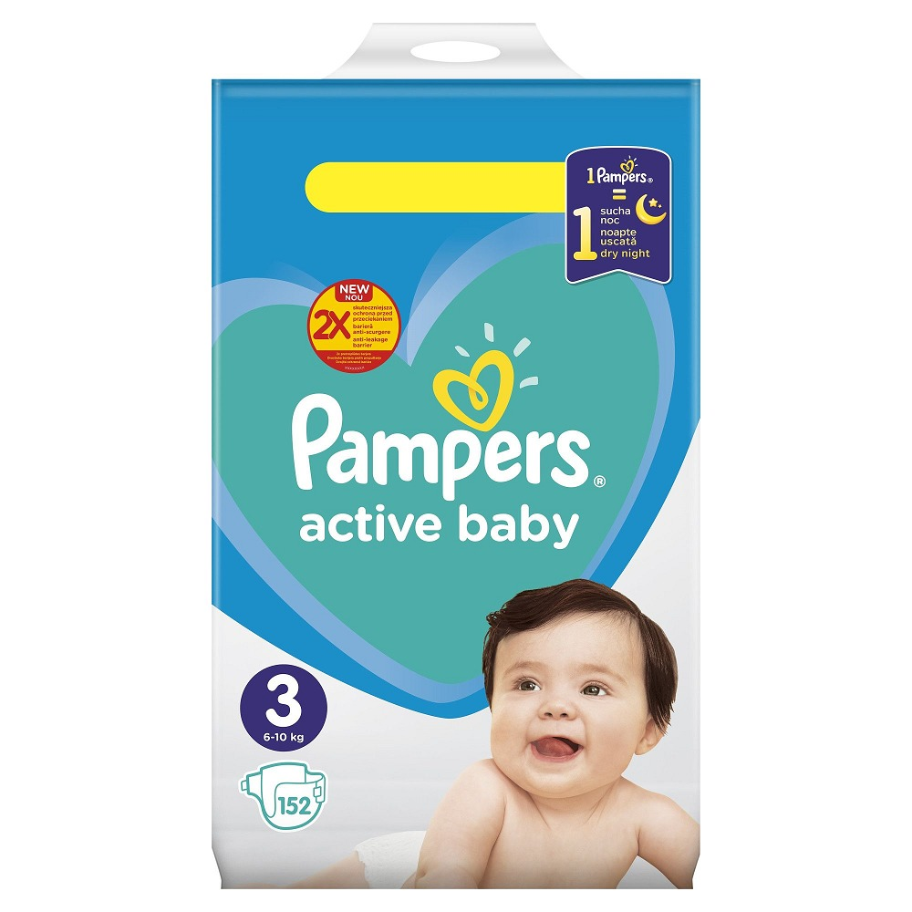 Pachet promo Pampers Scutece Active Baby Mega Box, Marimea 3, 6 -10 kg, 152 buc + Servetele umede Sensitive 2 x 52, 104 buc